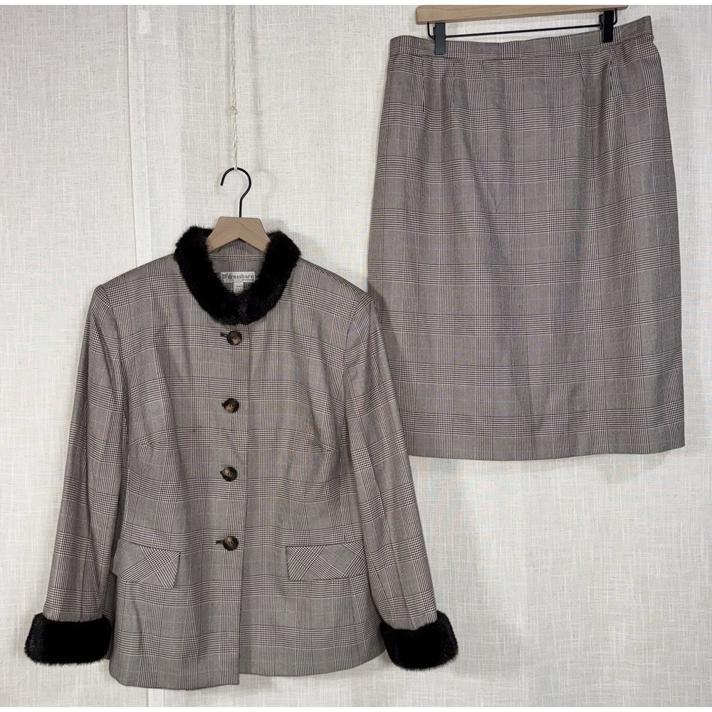 Dress Barn Women's Sz 16 Brown Plaid Fur Trim 2 Pc Suit Set Blazer Skirt Office